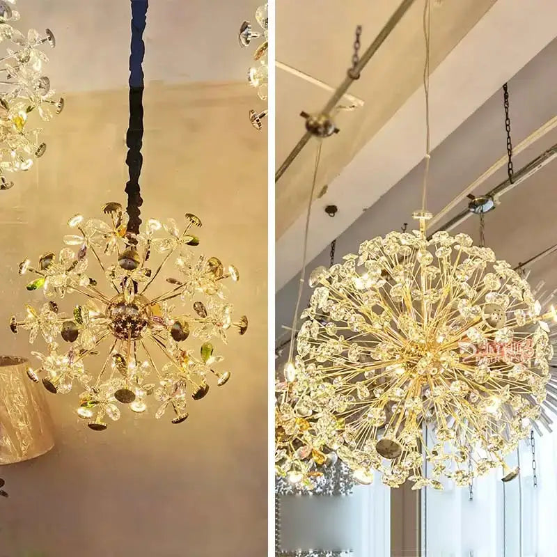 Gold dandelion crystal led pendant chandelier with metallic accents for living room decorbites crystal led ceiling lighting