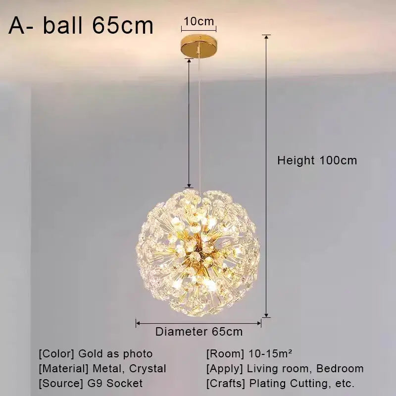 Gold-plated spherical pendant chandelier with crystal led accents and 65cm diameter decorbites crystal led ceiling fixture
