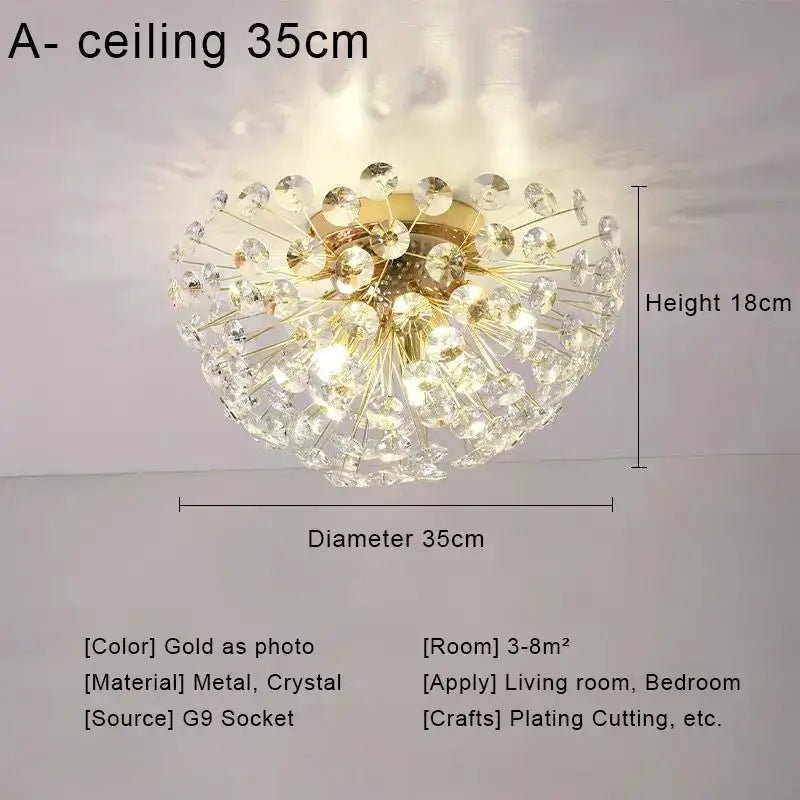 Gold dandelion crystal led pendant chandelier with gold-plated spherical design and clear crystal spheres for living room decorbites crystal led ceiling