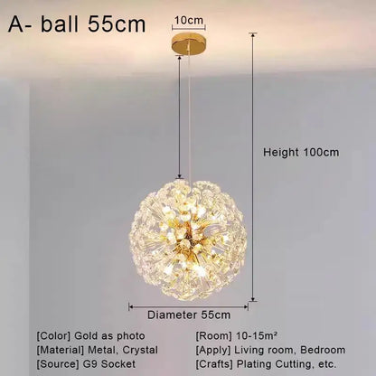 Gold-plated spherical pendant chandelier with crystal accents and 55cm diameter for living room decorbites crystal led ceiling