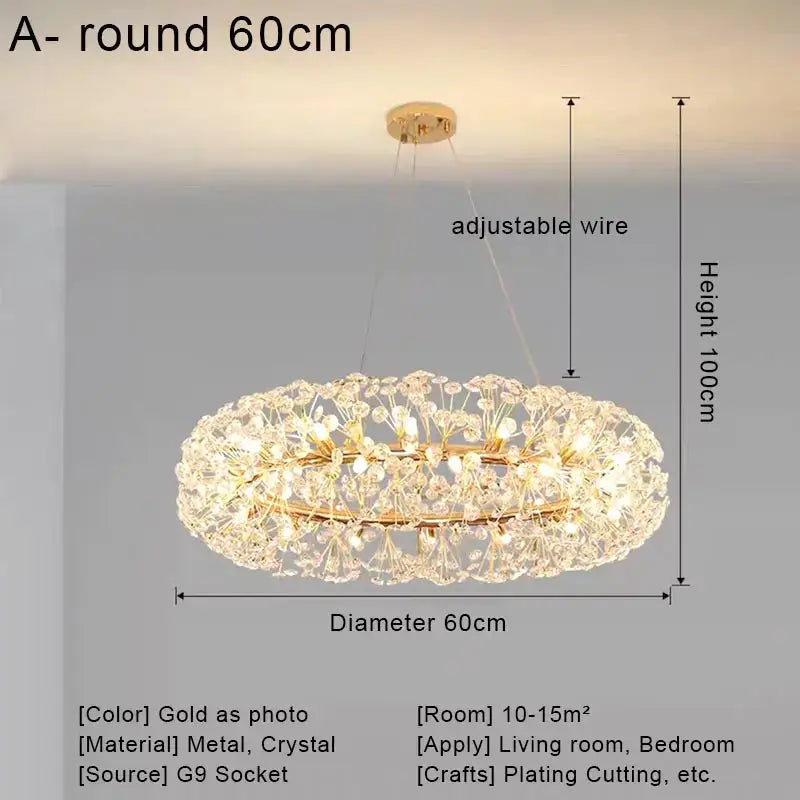 Gold-plated pendant chandelier with intricate crystal led embellishments by decorbites for modern living room decor