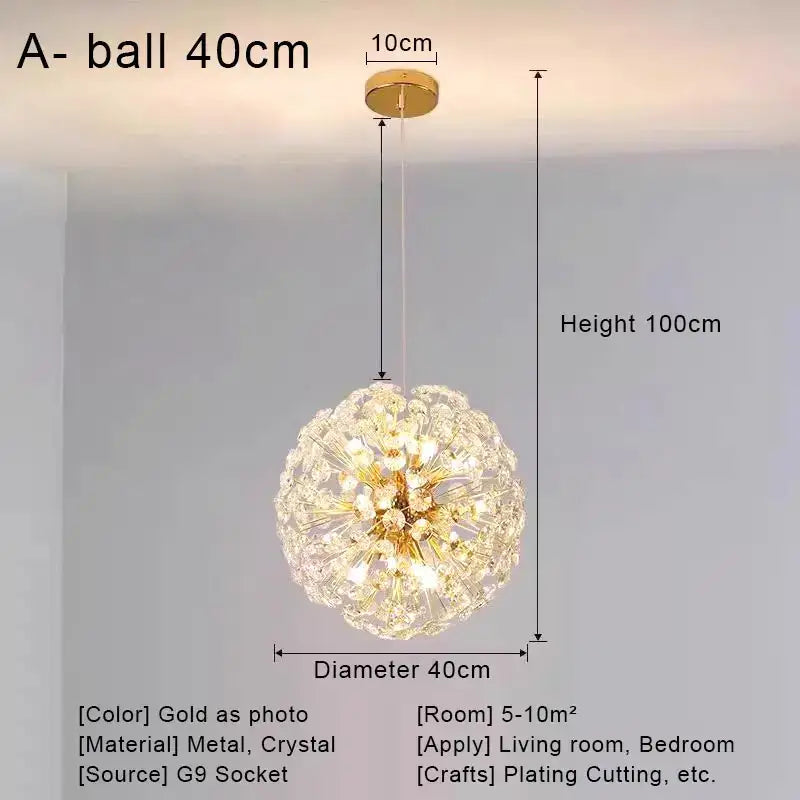 Gold-plated pendant chandelier with crystal led decorbites accents resembling a dandelion seed head for ceiling decor
