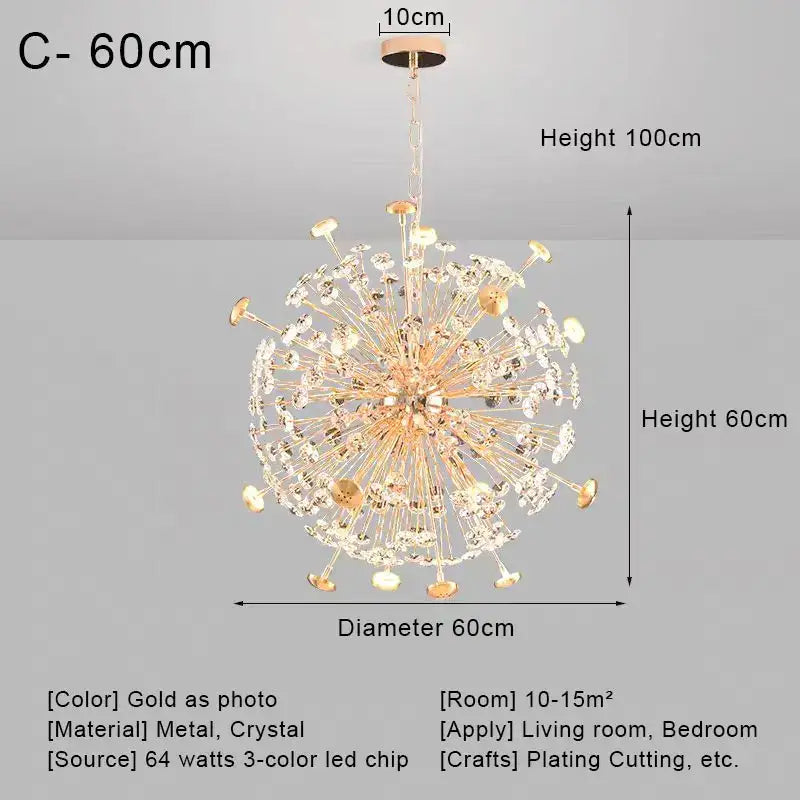 Gold dandelion crystal led pendant chandelier with gold-plated metal and spherical design for living room decorbites crystal led ceiling