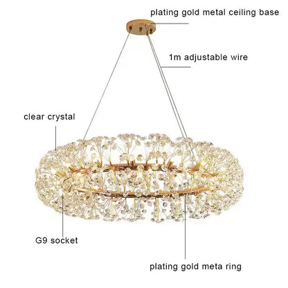 Gold dandelion crystal led pendant chandelier with gold-plated metal and clear crystal accents for living room decorbites crystal led ceiling