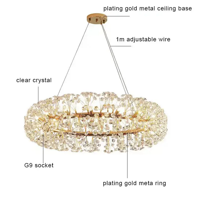 Gold dandelion crystal led pendant chandelier with gold-plated metal and clear crystal accents for living room decorbites crystal led ceiling