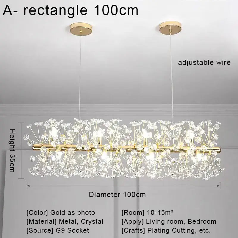 Gold-toned rectangular pendant chandelier with crystal dandelion clusters for crystal led ceiling decorbites lighting