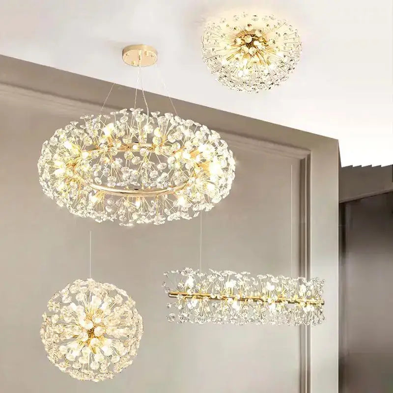 Gold dandelion crystal led pendant chandelier with spherical design for living room decorbites crystal led ceiling lighting