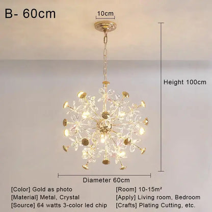 Gold dandelion crystal led pendant chandelier with gold-toned flower arms and 3-color led lighting for living room decorbites crystal led ceiling