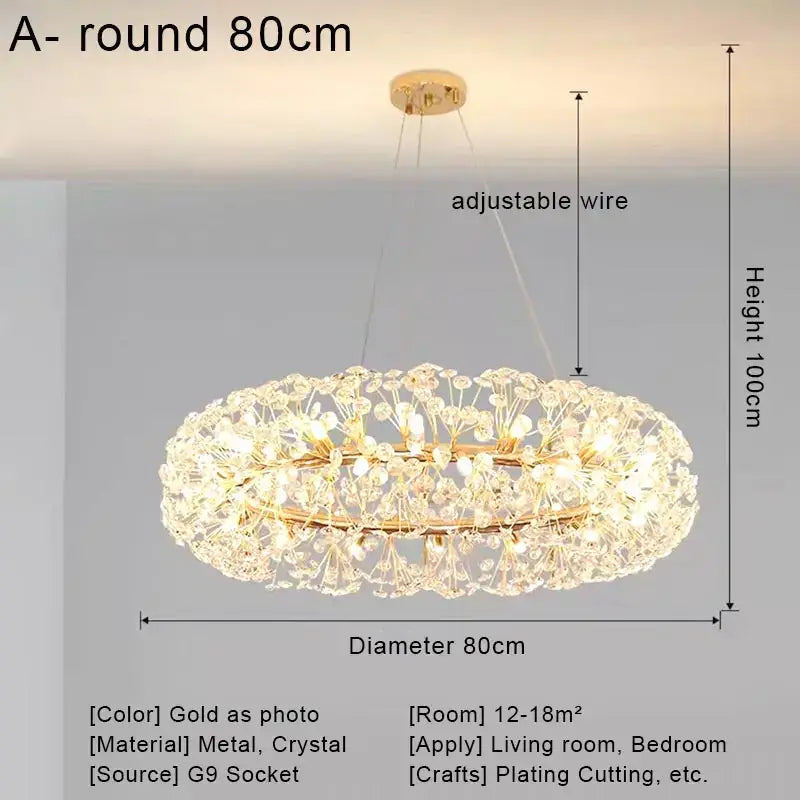 Gold dandelion pendant chandelier with gold-toned frame and intricate crystal led embellishments for living room decorbites crystal led ceiling