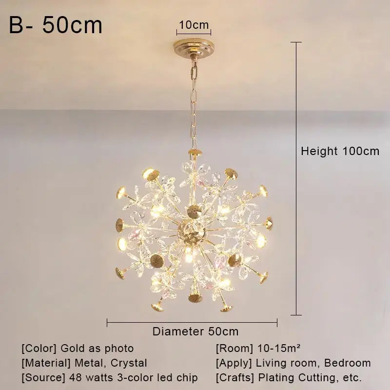 Gold dandelion crystal led pendant chandelier with gold-toned flower arms and 48-watt led lighting for living room decorbites crystal led ceiling