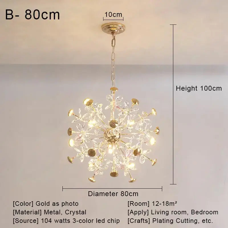 Gold-toned pendant chandelier with crystal flower design and 104-watt decorbites crystal led ceiling lighting for living room