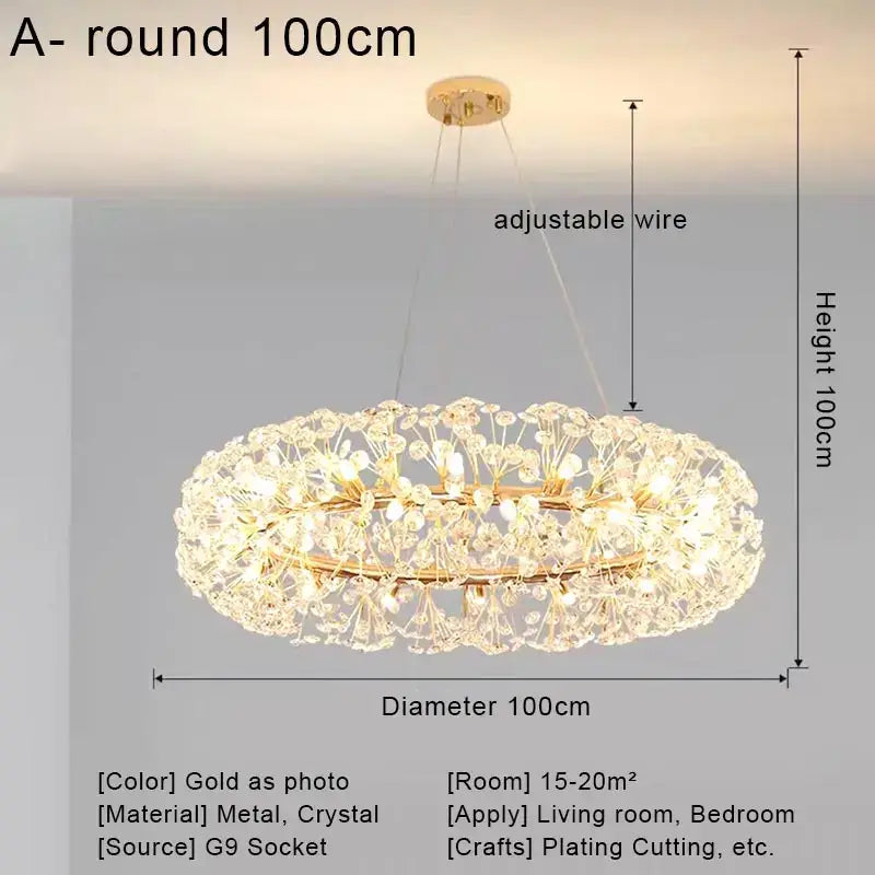 Gold dandelion crystal led pendant chandelier with gold-toned circular metal frame and delicate crystal led ceiling design