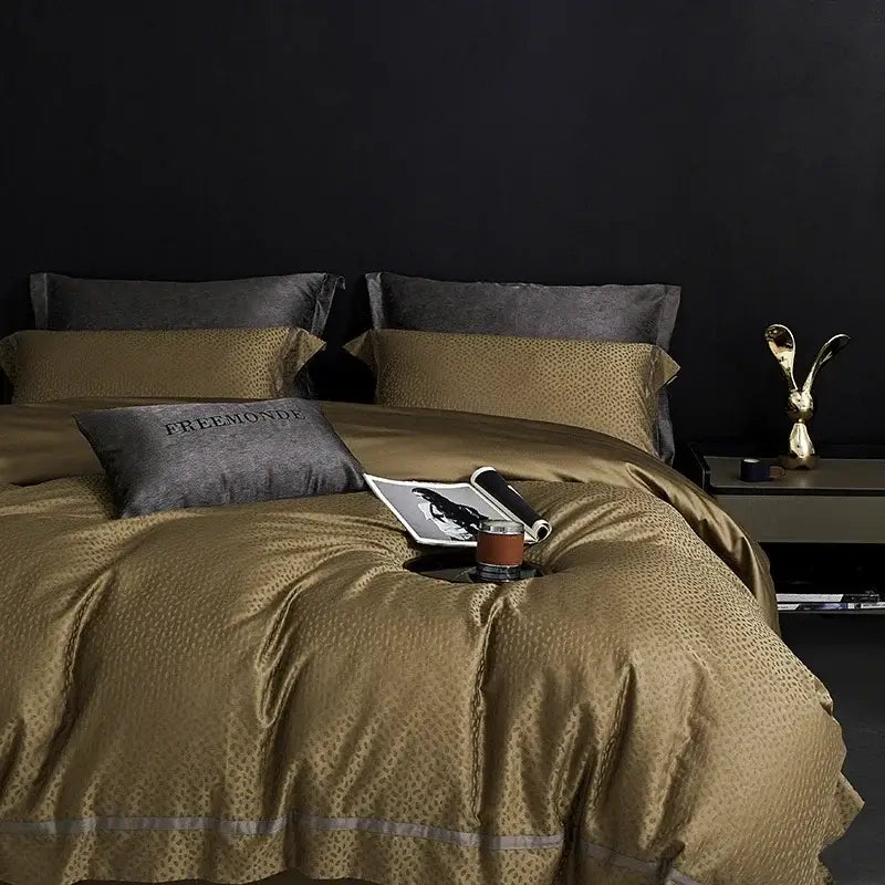 Gold and dark gray decorbites 100s egyptian cotton bedding set with satin duvet cover and freemonde pillows