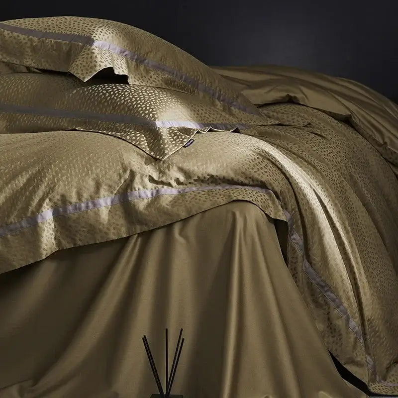 Luxurious gold and dark gray decorbites 100s egyptian cotton bedding set with satin leopard print and lavender piping