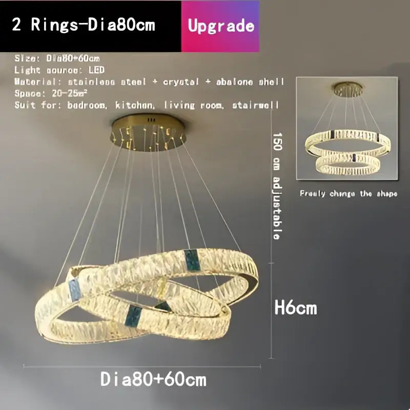 Gold decorbites crystal round ceiling chandelier with two interlocking rings featuring crystals and abalone shell accents