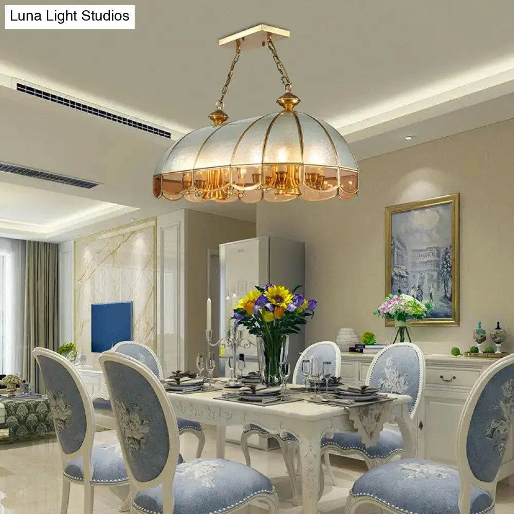 Gold dome frosted glass chandelier with gold-toned frame and translucent panels for dining room 110v-120v pendant light