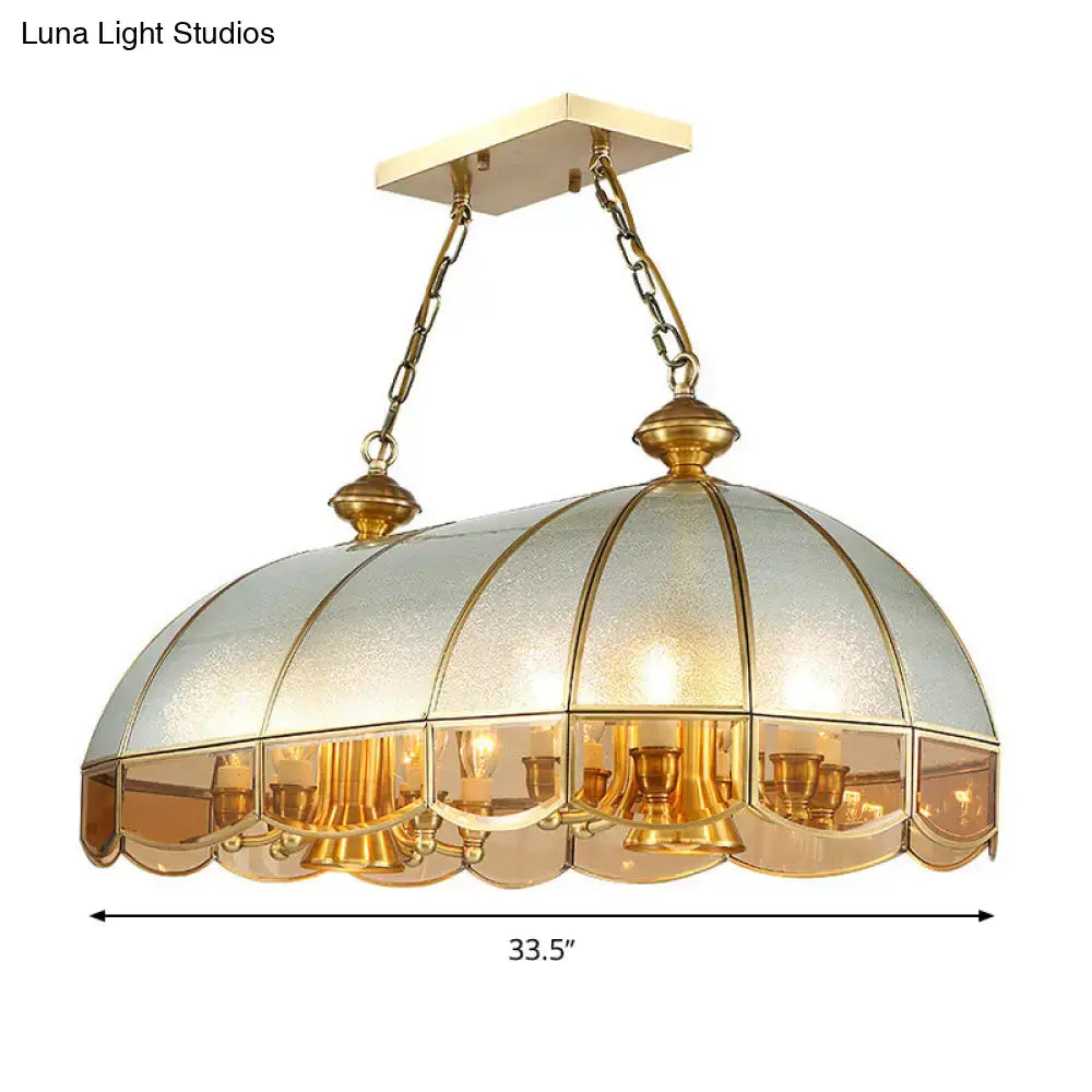 Gold-toned brass pendant light with domed frosted and clear glass shade for dining room 110v-120v e26 e27 e12 e14 bulbs