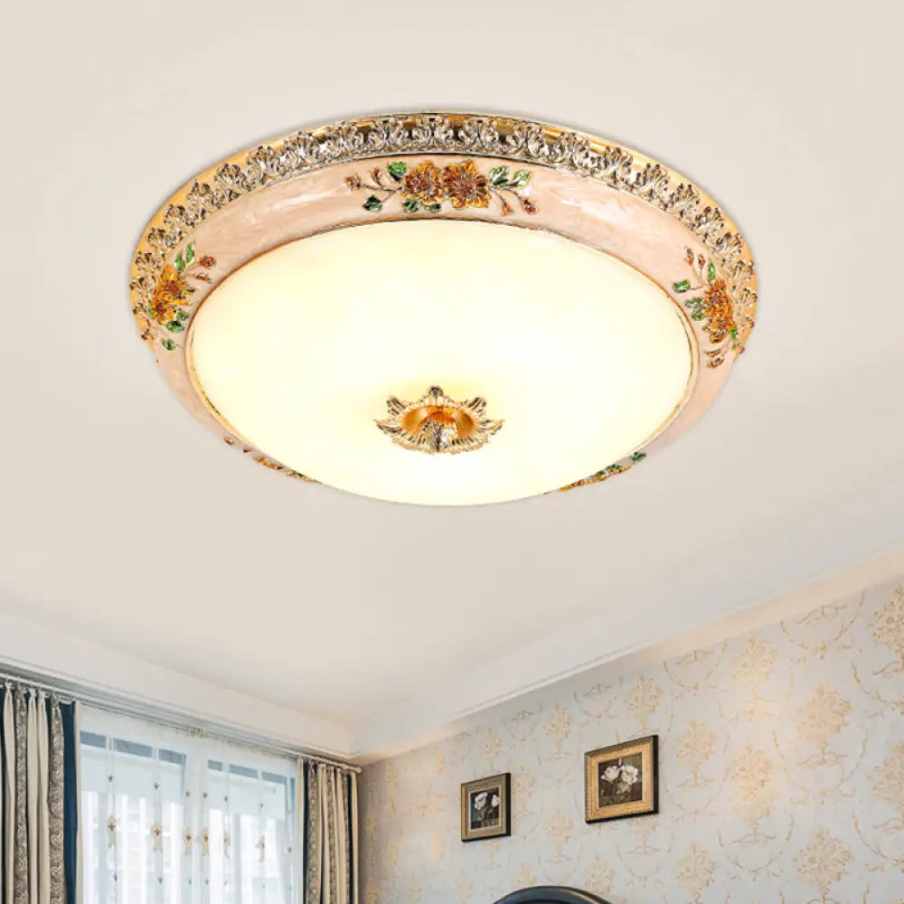 DecorBites™ DecorBites™ Gold Domed Ceiling Flush LED Bedroom Light with Carved Flower - Traditional Opaque Glass, 3 Width Options