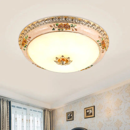 DecorBites™ DecorBites™ Gold Domed Ceiling Flush LED Bedroom Light with Carved Flower - Traditional Opaque Glass, 3 Width Options