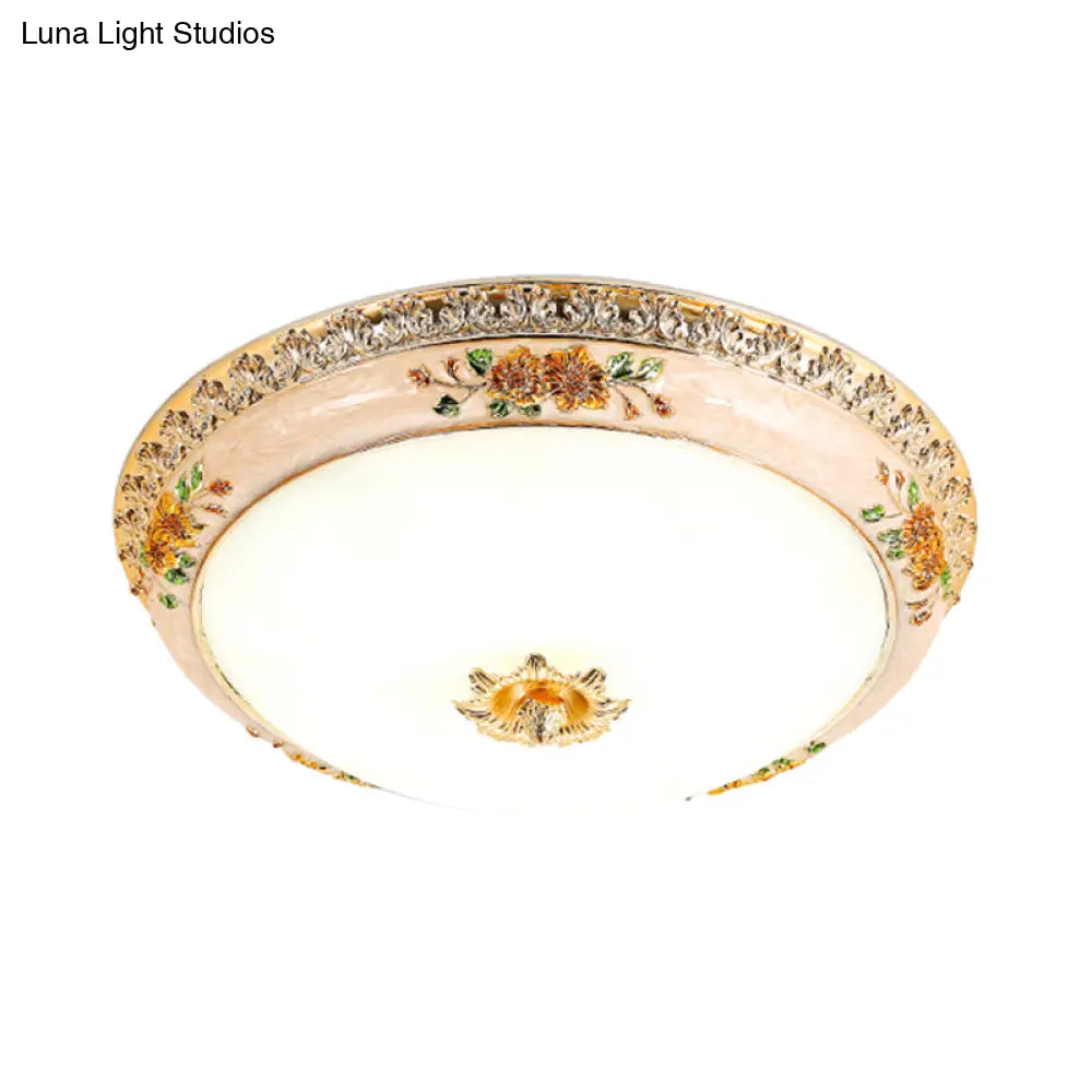 DecorBites™ DecorBites™ Gold Domed Ceiling Flush LED Bedroom Light with Carved Flower - Traditional Opaque Glass, 3 Width Options