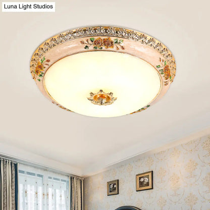 DecorBites™ DecorBites™ Gold Domed Ceiling Flush LED Bedroom Light with Carved Flower - Traditional Opaque Glass, 3 Width Options