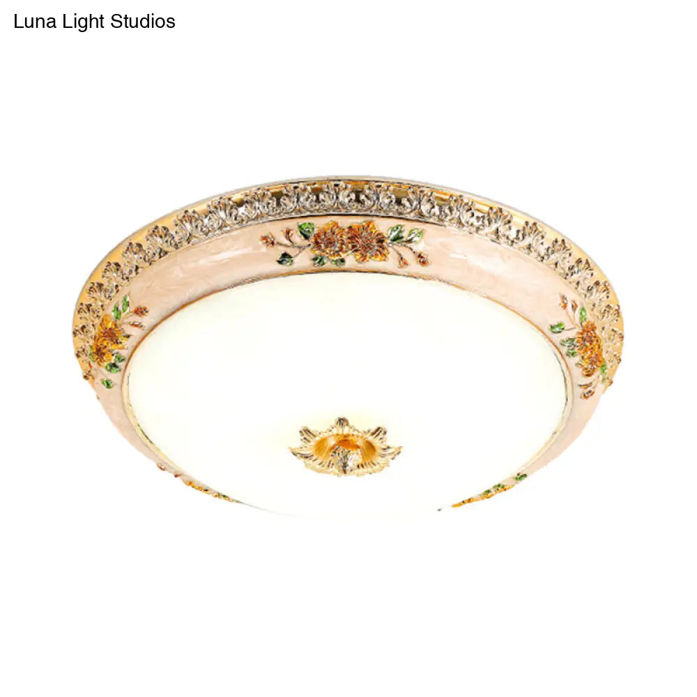 DecorBites™ DecorBites™ Gold Domed Ceiling Flush LED Bedroom Light with Carved Flower - Traditional Opaque Glass, 3 Width Options