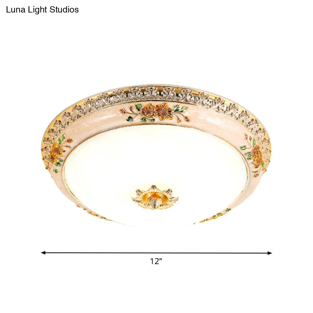 DecorBites™ DecorBites™ Gold Domed Ceiling Flush LED Bedroom Light with Carved Flower - Traditional Opaque Glass, 3 Width Options
