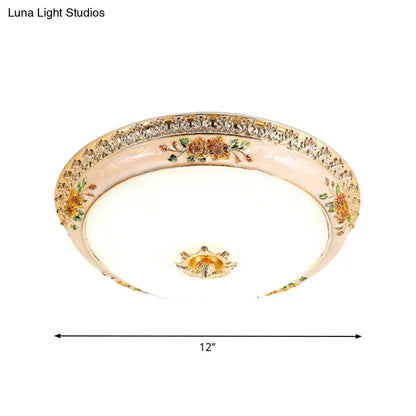 DecorBites™ DecorBites™ Gold Domed Ceiling Flush LED Bedroom Light with Carved Flower - Traditional Opaque Glass, 3 Width Options