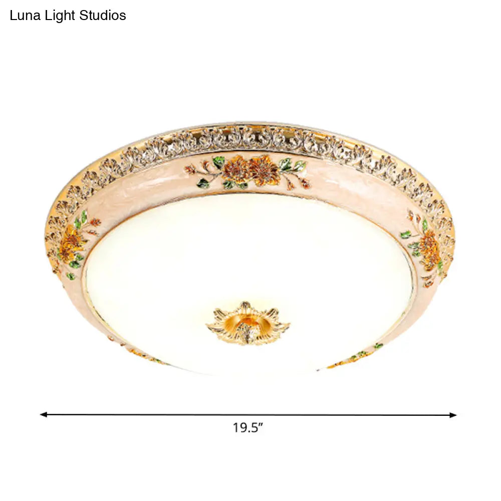 DecorBites™ DecorBites™ Gold Domed Ceiling Flush LED Bedroom Light with Carved Flower - Traditional Opaque Glass, 3 Width Options