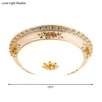 DecorBites™ DecorBites™ Gold Domed Ceiling Flush LED Bedroom Light with Carved Flower - Traditional Opaque Glass, 3 Width Options