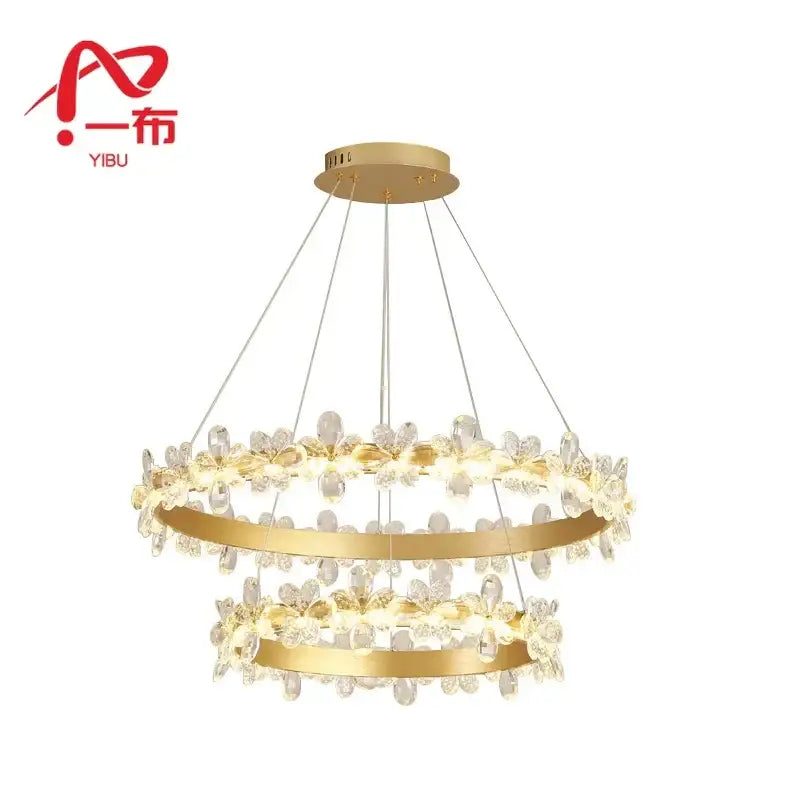 Gold-toned double ring decorbites crystal led chandelier with clear butterfly accents for living room lighting