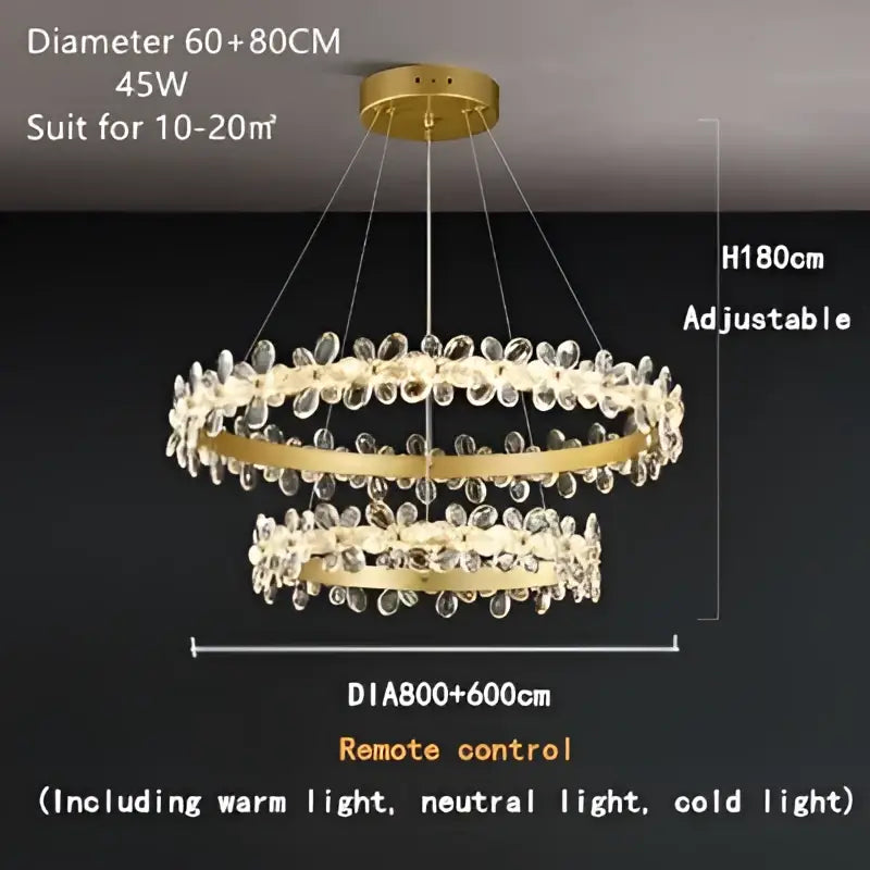 Gold-toned decorbites crystal led double-ring chandelier with adjustable height and crystal droplets for living room lighting