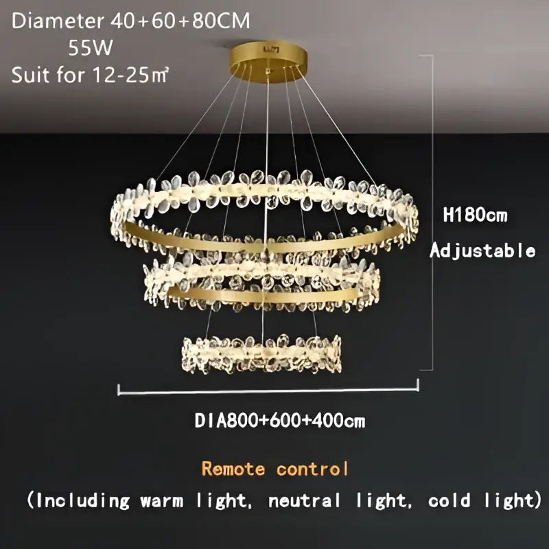Gold-toned decorbites crystal led chandelier with double rings and adjustable lighting for elegant living room decor