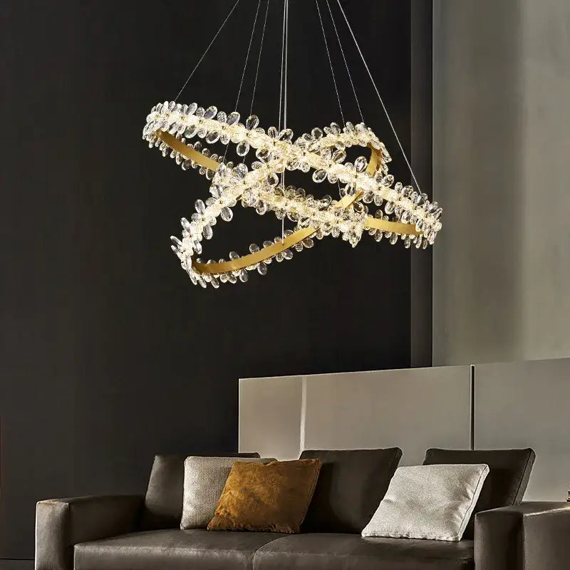 Gold double ring decorbites crystal led chandelier with gold-toned circular frames and clear crystal droplets for living room light