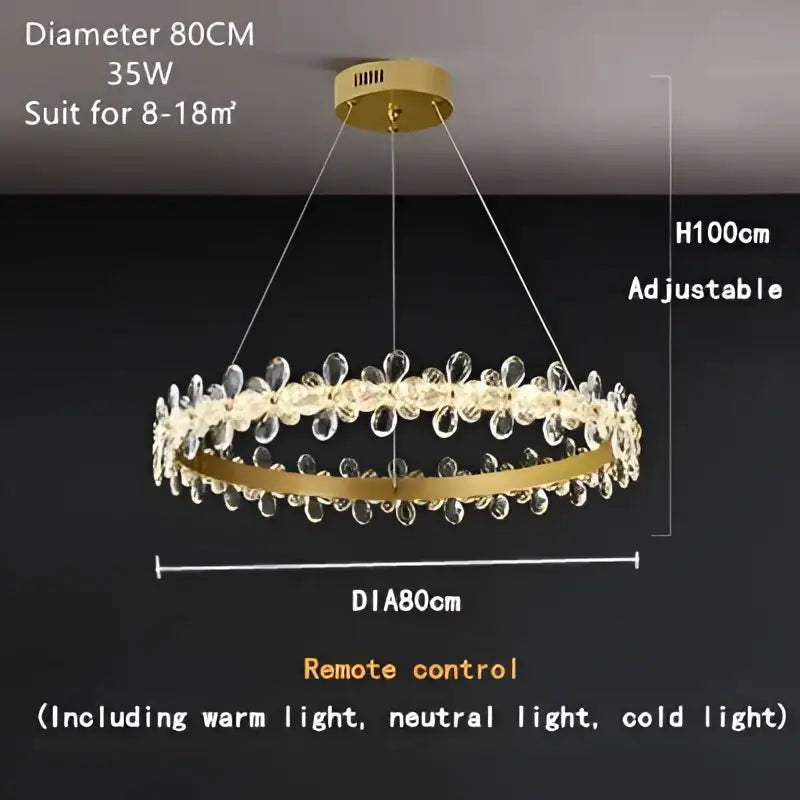 Gold-toned decorbites crystal led double ring chandelier with dangling crystal droplets and adjustable height for living rooms