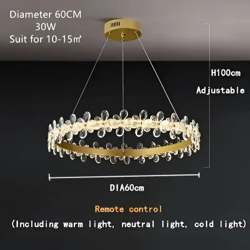 Gold double ring decorbites crystal led chandelier with gold tones, crystal droplets, adjustable height, and remote lighting control