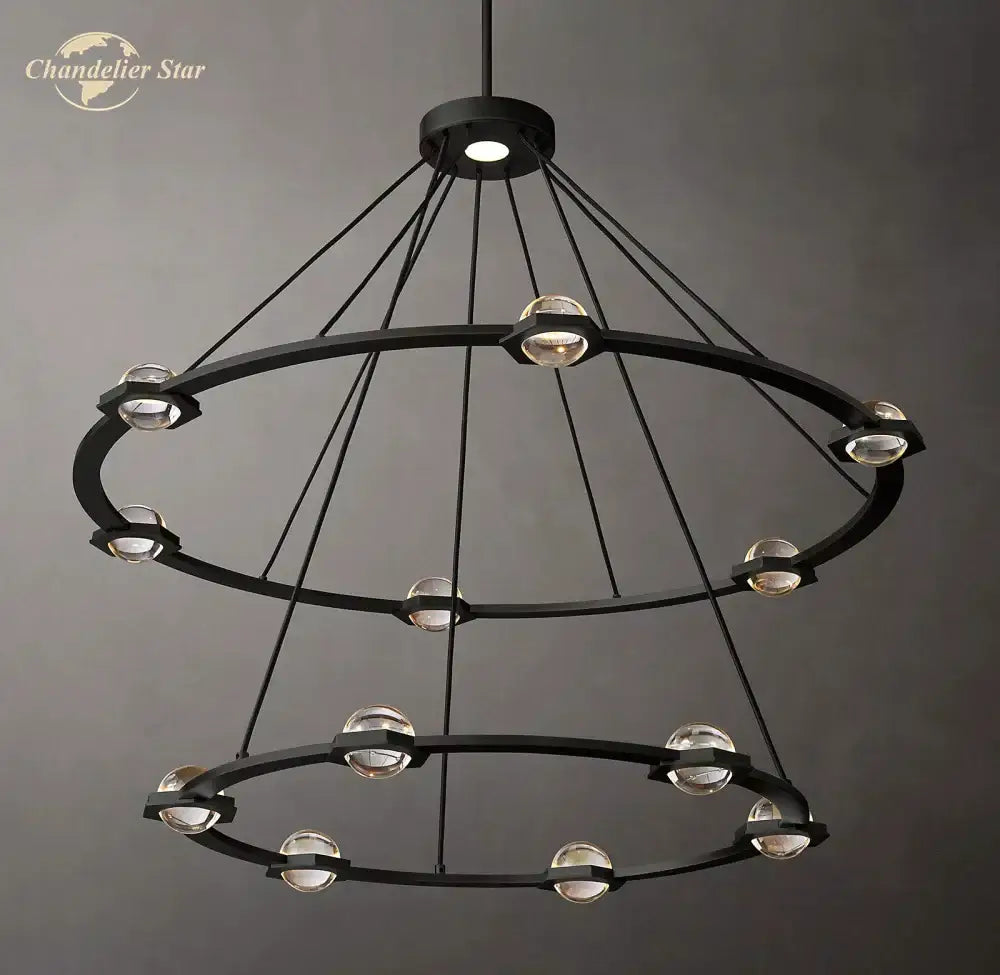 Black metal round crystal chandelier with two concentric rings and clear spherical glass bulbs for dining room