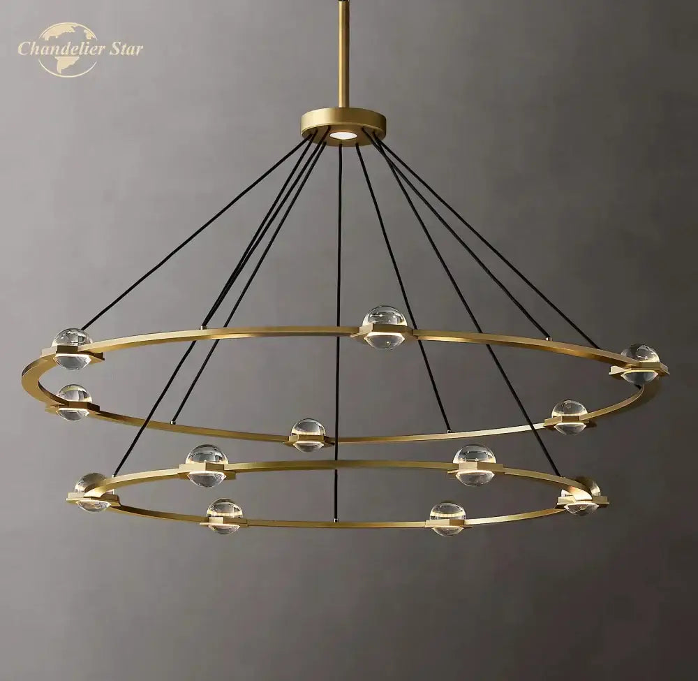 Brass-toned gold double ring round crystal chandelier with clear glass spheres and black cables for dining room use