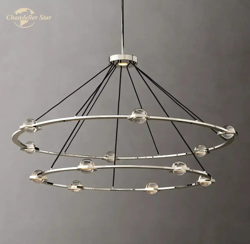 Modern gold double ring round crystal chandelier with clear spherical glass orbs for dining room lighting