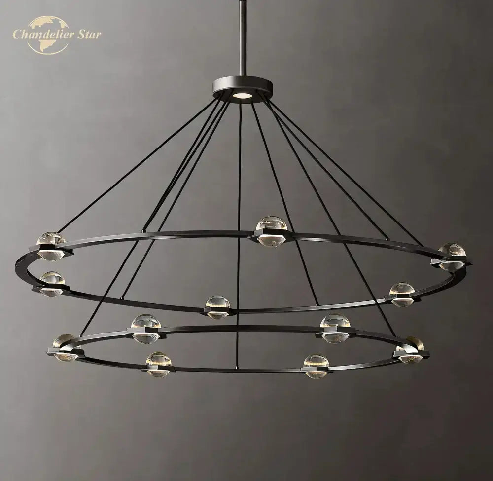 Modern black metal chandelier with two concentric rings and clear glass globes as a round crystal chandelier for dining room