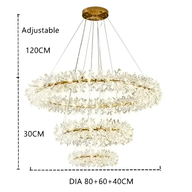 Gold double tiered crystal flower chandelier with three tiered rings of clear crystal flowers by decorbites crystal flower