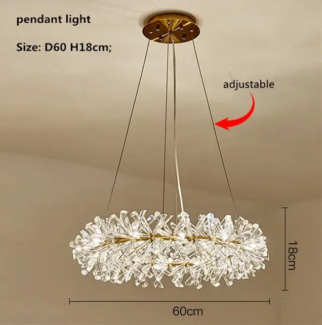 Gold-toned double tiered decorbites crystal flower chandelier with circular frame and dangling crystal shards for dining room decor