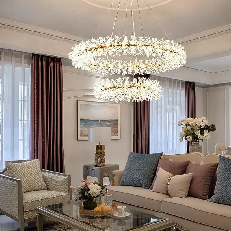 Gold double tiered crystal flower chandelier with a gold frame and cascading clear crystals by decorbites crystal flower