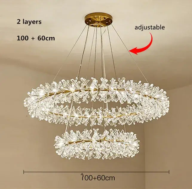 Gold double tiered crystal flower chandelier with cascading clusters for dining room decorbites crystal flower lighting
