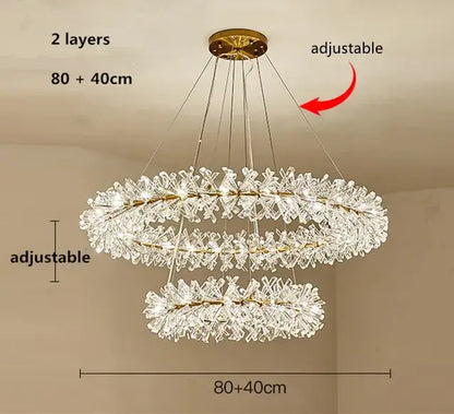 Gold double tiered crystal flower chandelier dining room light with gold metal frame and adjustable hanging chains from decorbites crystal flower