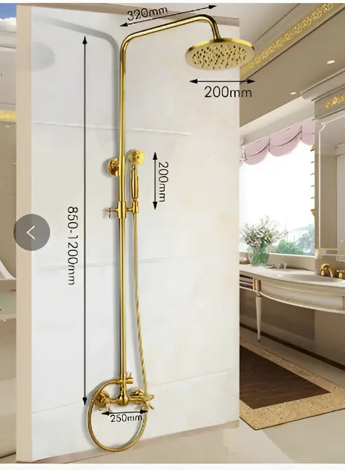 Gold dual handle rainfall shower system with ceramic handles featuring a polished brass rainfall shower with curved arm