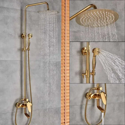 Gold dual handle rainfall shower system with ceramic handles brass decorbites dual handle rainfall shower with overhead rainhead and handheld spray nozzle