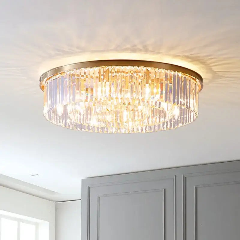 Gold dual purpose crystal ceiling lamp with gold metal frame and clear crystal prisms for bedroom decorbites dual purpose