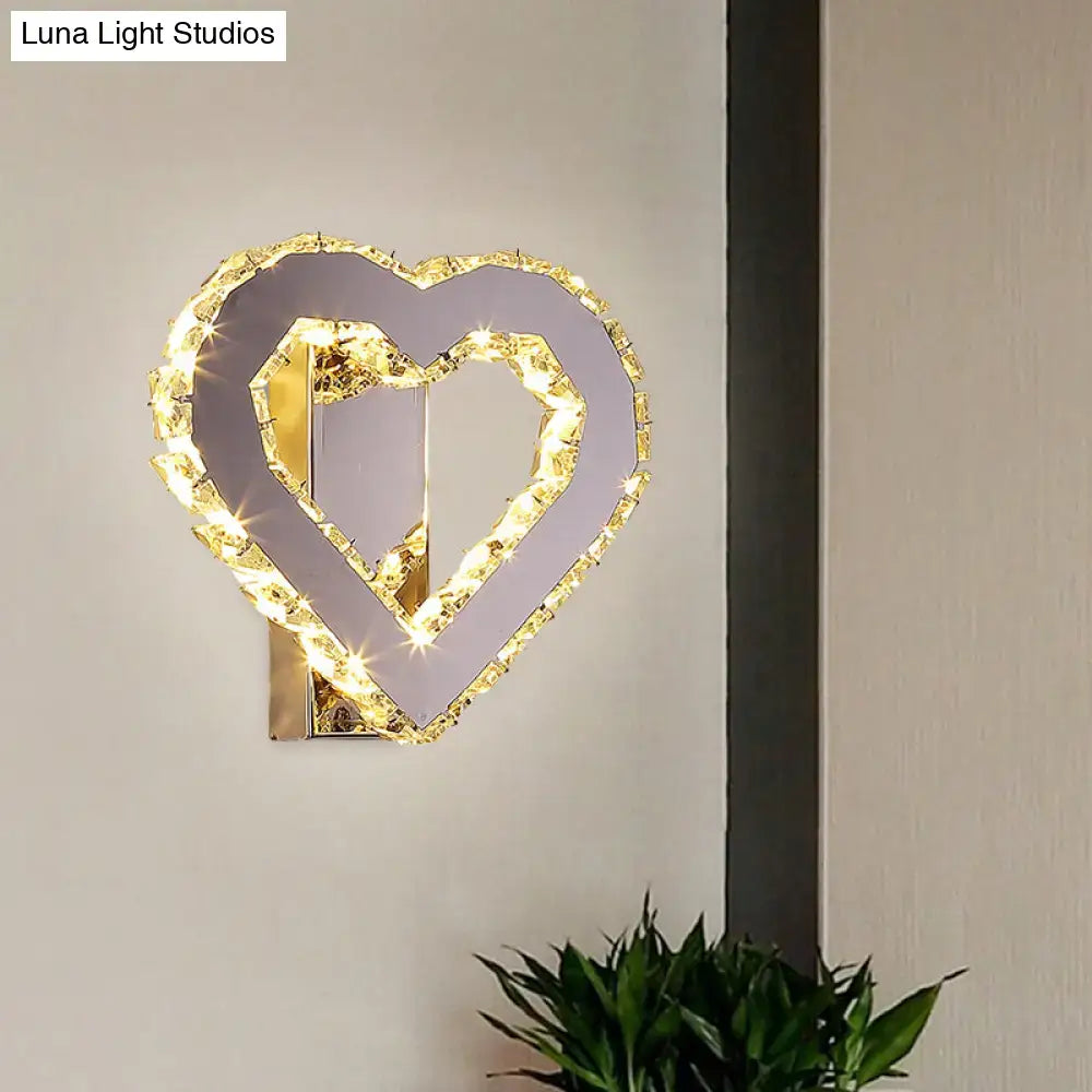 Gold faceted crystal heart design led wall sconce with stainless steel and mirrored center for bedroom lighting