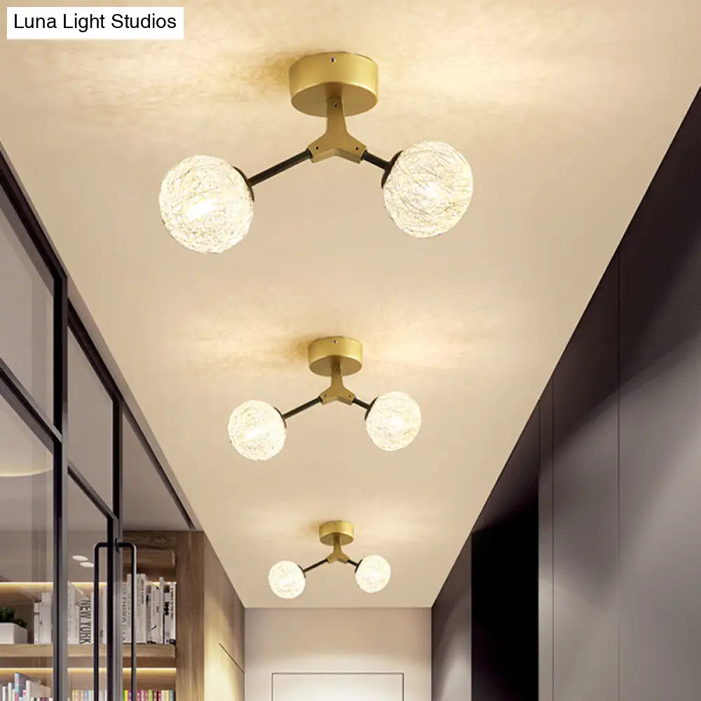 DecorBites™ DecorBites™ Gold Finish Handwoven Ball Semi Flush Light Fixture - Modern Ceiling Flush Mount